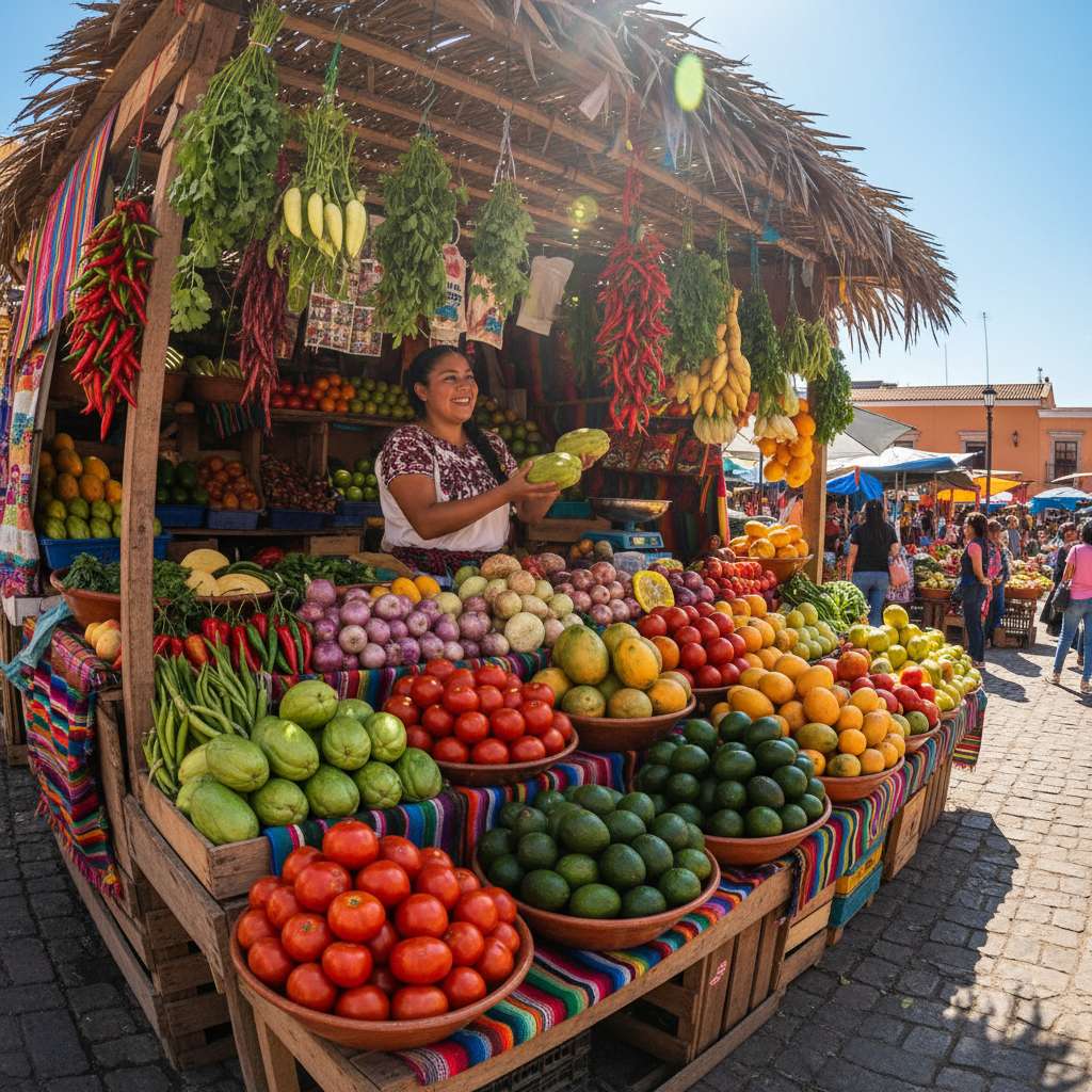Puesto de mercado con frutas y verduras frescas