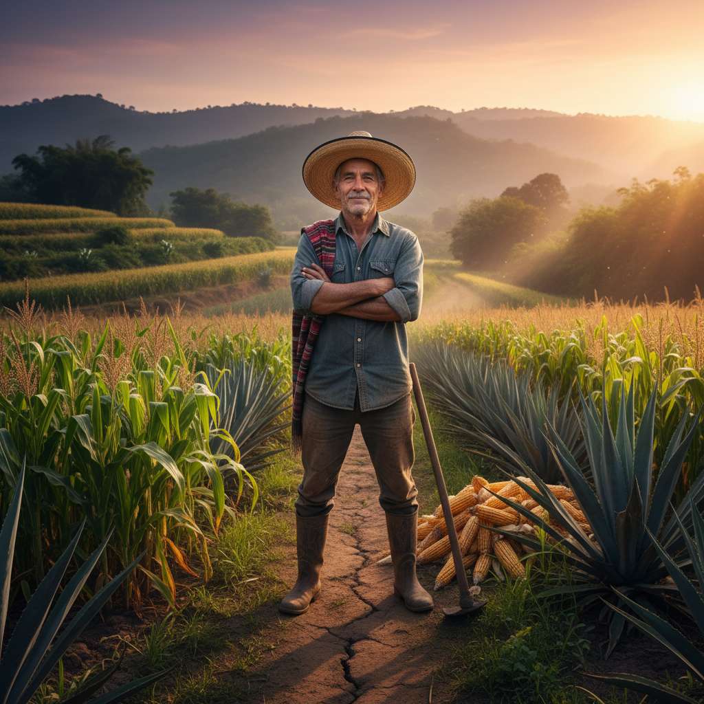 Agricultor mexicano en campo verde bajo el sol