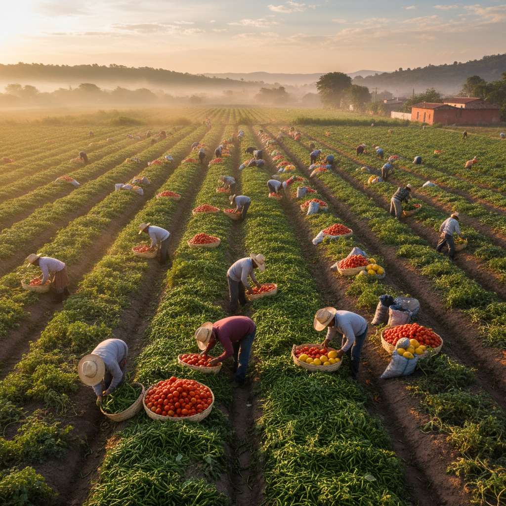 Cosecha de verduras frescas en campo mexicano
